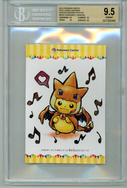 BGS 9.5 Poncho Pikachu Mega Charizard Y Dancing Pokemon Center Postcard 2014 - Image 1