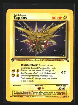 Pokemon ZAPDOS 30/62 1st Edition (1999 Fossil) LP/Light Play - Image 1