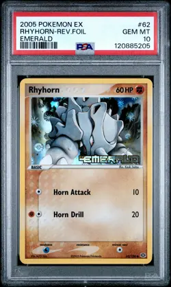 2005 POKEMON EX EMERALD #62 RHYHORN-REVERSE FOIL PSA 10 - Image 1