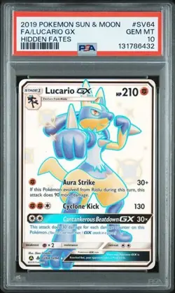 Lucario GX SV64/SV94 Hidden Fates Full Art Rare PSA 10 Gem Mint Pokemon Card - Image 1