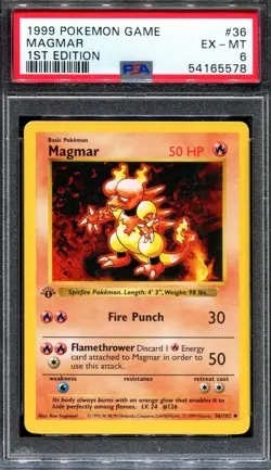 PSA 6 Pokemon 1999 Shadowless 1st Edition Base Set Magmar #36 - Image 1