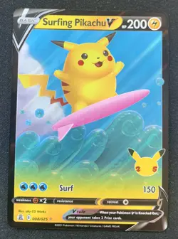 Surfing Pikachu V 008/025 Celebrations Ultra Rare Holo Pokemon TCG Card NM - Image 1