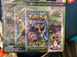 Pokemon Fates Collide-Booster Pack Set of (3) with (1) Special Pin- Sealed Box - Image 1
