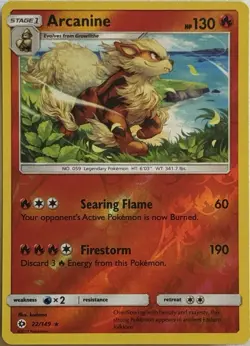 POKEMON ARCANINE 22/149 RARE REVERSE HOLOFOIL NM CARD SUN & MOON - Image 1