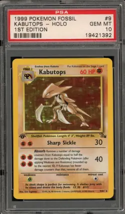 Pokemon Kabutops Fossil 1st Edition Holo Rare #9 PSA 10 Gem Mint - Image 1