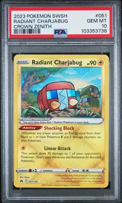 2023 POKEMON SWORD & SHIELD CROWN ZENITH #051 RADIANT CHARJABUG PSA 10 - Image 1