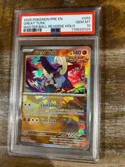 POKEMON 2025 Prismatic Evolutions Master Ball Holo GREAT TUSK #055 PSA 10 Gem - Image 1