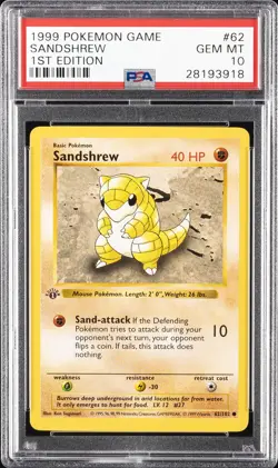 1999 POKEMON BASE SET 1ST EDITION #62 SANDSHREW PSA 10 - Image 1
