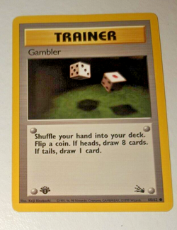 Pokemon, 1st Edition, Gambler Trainer, 60/62 Fossil Set, WOTC, Vintage 1999, NM - Image 1
