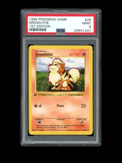 Pokemon PSA 9 MINT Growlithe 1st Edition Shadowless Base Set 1999 Card 28/102 - Image 1
