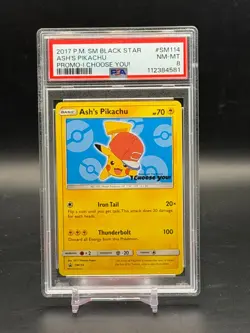 PSA 8 NM/MT Ash's Pikachu SM Black Star Promo I CHOOSE YOU! Pokemon SM114 - Image 1