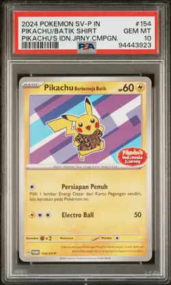 PSA 10 GEM MINT Pikachu Berkemeja Batik 154/SV-P Indonesia Journey Stamp Pokemon - Image 1