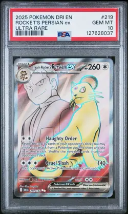2025 POKEMON EN-DESTINED RIVALS ULTRA RARE TEAM ROCKET'S PERSIAN EX PSA 10 #219 - Image 1