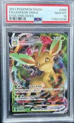 2021 POKEMON SWORD & SHIELD EVOLVING SKIES FULL ART/LEAFEON VMAX #008 PSA 10 GEM - Image 1