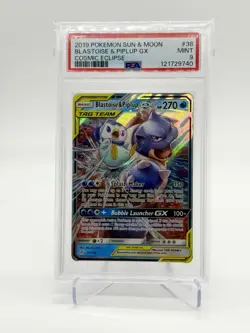 2019 Pokemon Sun & Moon Blastoise & Piplup GX PSA 9 Tag Team Cosmic Eclipse #38 - Image 1