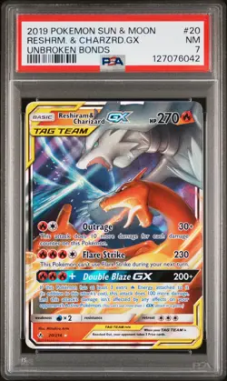 2019 POKEMON SUN & MOON UNBROKEN BONDS #20 RESHIRAM & CHARIZARD GX PSA 7 - Image 1