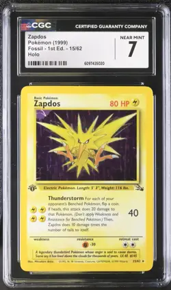 CGC 7 ZAPDOS 1999 Pokemon Fossil 1st First Edition HOLO RARE 15/62 - Image 1