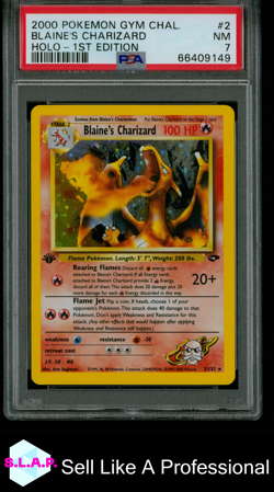 BLAINE'S CHARIZARD HOLO-1ST EDITION POKEMON GYM CHALLENGE 2000 2 PSA 7 - Image 1