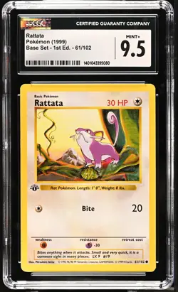CGC 9.5 Rattata 1999 Base Set Shadowless 1st Edition 61/102 Pokemon Card - Image 1