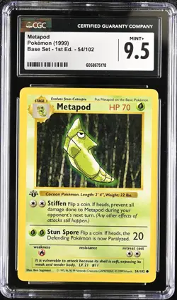CGC 9.5 Metapod 1999 Base Set 1st Edition Shadowless 54/102 Pokemon Card - Image 1