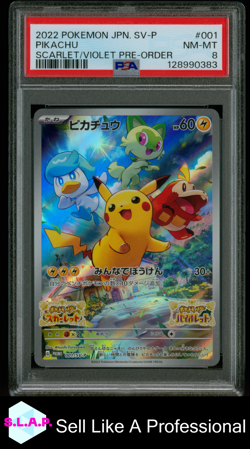 PIKACHU SCARLET/VIOLET PRE-ORDER POKEMON JAPANESE SV PROMO 2022 001 PSA 8 - Image 1