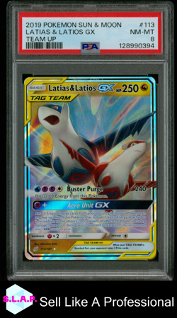 LATIAS & LATIOS GX TEAM UP POKEMON SUN & MOON TEAM UP 2019 113 PSA 8 - Image 1
