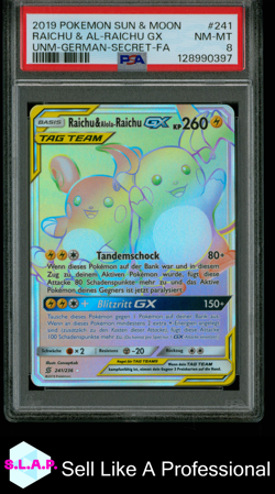 RAICHU & AL-RAICHU GX UNM-GER-SECRET-FA POKEMON SM UNIFIED MINDS 2019 241 PSA 8 - Image 1