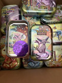 EMPTY Pokemon Prismatic Evolutions Mini Tins - Set of 8 With Coins & Art Cards - Image 2