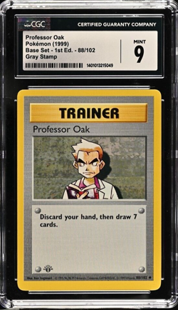 GRAY GREY STAMP Professor Oak 88/102 1st Edition Pokemon Base Set CGC 9 Mint - Image 1