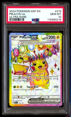 PSA 10 Pikachu EX 219 Pokemon Ssp En Surging Sparks 2024 Ultra Rare - Image 1