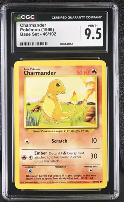 CGC 9.5 MINT+ Charmander 1999 Base Set 46/102 Pokemon Card - Image 1