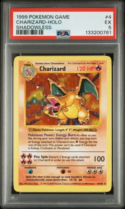 1999 POKEMON GAME SHADOWLESS #4 CHARIZARD-HOLO PSA 5 - Image 1
