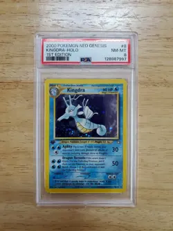 Pokemon PSA 8 NM/MT 2000 Kingdra 1st Edition Neo Genesis Holo Card Swirl - Image 1