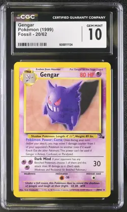CGC 10 GEM MINT Gengar 1999 Fossil 20/62 Pokemon Card - Image 1