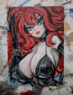Altered MTG Hand Painted Swamp One Of A Kind Anime Girl - Image 1