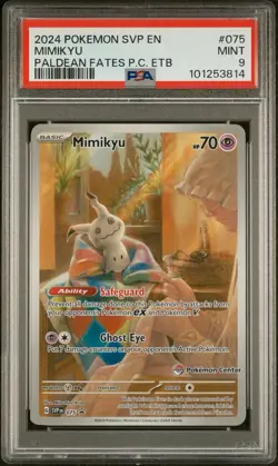 PSA 9 MINT Mimikyu 075 Paldean Fates Pokemon Center ETB Stamped Promo - Image 1