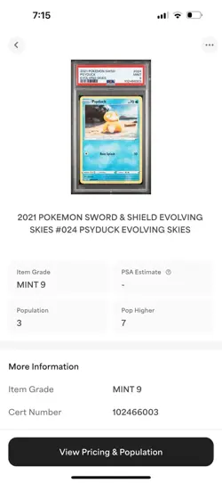 PSA 9 2021 POKEMON SWORD & SHIELD EVOLVING SKIES #024 PSYDUCK EVOLVING SKIES - Image 3