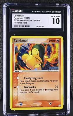 CGC 10 GEM MINT Cyndaquil 2005 EX Unseen Forces 54/115 Reverse Holo Pokemon Card - Image 1