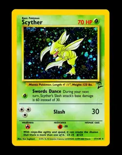 2000 Pokemon SCYTHER Base Set 2 Edition HOLO Foil Rare Card 17/130 WotC SWIRL NM - Image 3