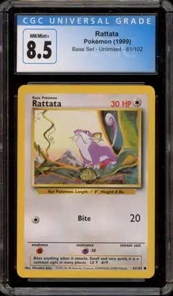 Pokemon Rattata Base Set Unlimited #61 CGC 8.5 - Image 1