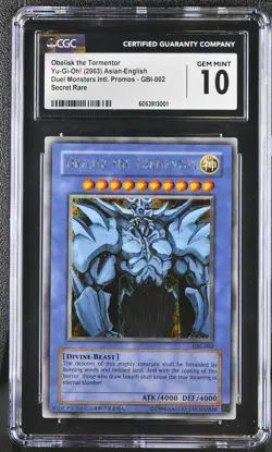 CGC 10 GEM MINT Obelisk the Tormentor GBI-002 Secret Rare Promo *3001 Yugioh - Image 1