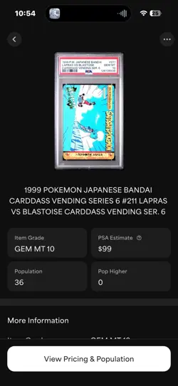 1999 Pokemon Bandai Carddass Vending 6 Lapras VS Blastoise #211 PSA 10 POP 36 - Image 3
