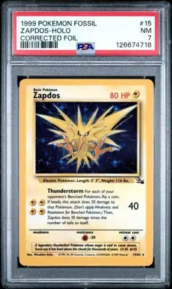 1999 POKEMON FOSSIL #15 ZAPDOS-HOLO CORRECTED FOIL - PSA 7 - Image 1