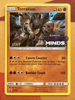 Pokemon Card - Terrakion - STAFF Pre-Release Promo (SM205) Unified Minds *VLP* - Image 1
