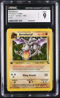 CGC 9 MINT Aerodactyl 1999 Fossil 1st Edition 1/62 Holo Pokemon Card - Image 1