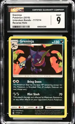CGC 9 MINT Greninja 117/214 Reverse Holo Rare Unbroken Bonds 2019 Pokemon - Image 1