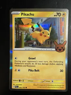 holographic Pikachu Pokemon trading card 062/193 from the Paldea Evolved set. - Image 1