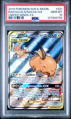 2019 POKEMON SUN & MOON UNIFIED MINDS FULL ART/RAICHU & ALOLAN RAICHU GX PSA 10 - Image 1