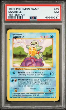 1999 POKEMON GAME 1ST ED #63 SQUIRTLE PSA 7 - Image 1