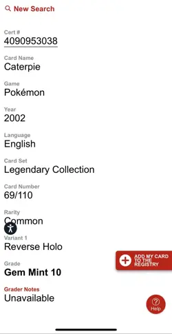 CGC 10 Caterpie Legendary Collection 69/110 Reverse Holo Pokemon Card psa - Image 2